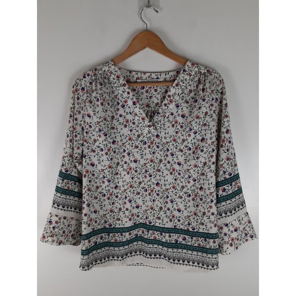 Collective Concepts Women's White Floral Long Sleeve Top Blouse V-Neck S